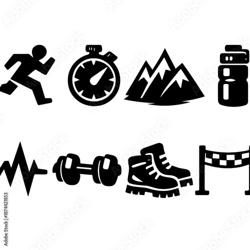 Brutalist Endurance Icons. Endurance icon set in silhouette bold style. Contain running figure, stopwatch, mountain, water bottle, heartbeat, dumbbell, hiking boots, finish line