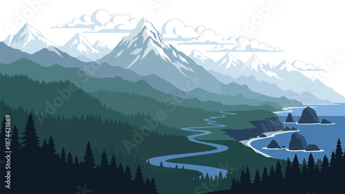 Flat vector illustration of Washington landscape with evergreen forests, mountains, rivers, and coastline elements, Pacific Northwest scenery in solid colors