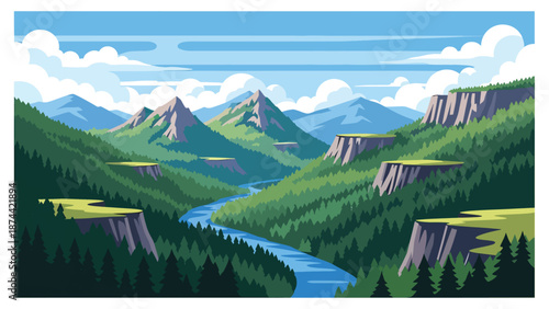 Flat vector illustration of West Virginia rugged landscape with forested mountains, winding rivers, and deep valleys, scenic Appalachian nature in solid flat colors