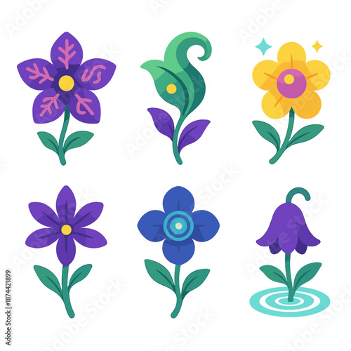 Arcane Flower Icons. Arcane Flowers set in isometric flat vector : runic petal motif, swirling leaf, magical shimmer, bright bead, arcane stem, mystical ripple