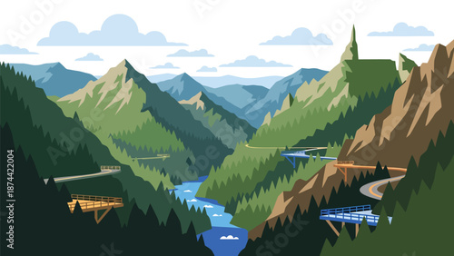 Flat vector illustration of West Virginia rugged landscape with forested mountains, winding rivers, and deep valleys, scenic Appalachian nature in solid flat colors