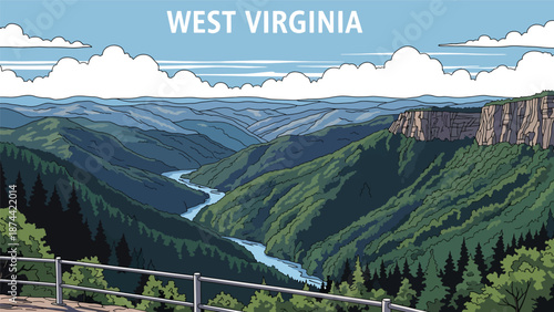 Flat vector illustration of West Virginia rugged landscape with forested mountains, winding rivers, and deep valleys, scenic Appalachian nature in solid flat colors