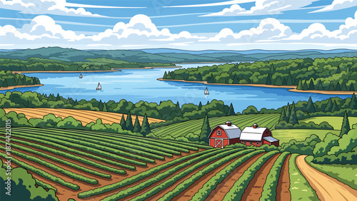 Flat vector illustration of Wisconsin landscape featuring lakes, forests, rolling farmland, and peaceful rural scenery, northern Midwest nature in solid flat colors