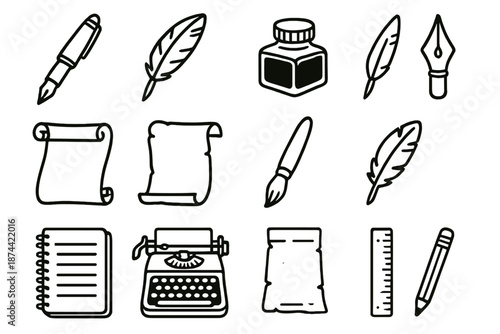 Classic Writing Tools. Inkwork set in outline vector style : fountain pen, quill, ink bottle, calligraphy nib, scroll, parchment, brush, feather, notebook, typewriter, ruler, pencil