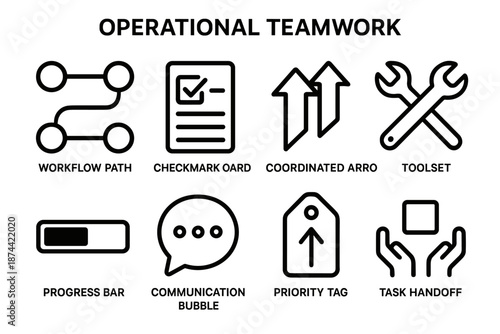 Teamwork Icons Set. Operational Teamwork set in outline vector style: workflow path, checkmark board, coordinated arrows, toolset icon, progress bar, communication bubble, priority tag, task handoff