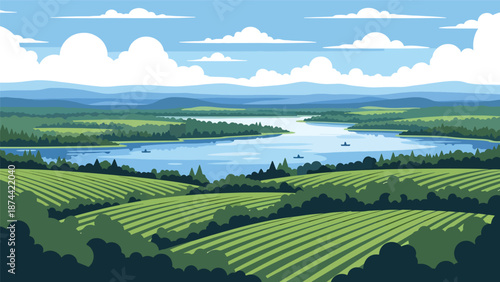 Flat vector illustration of Wisconsin landscape featuring lakes, forests, rolling farmland, and peaceful rural scenery, northern Midwest nature in solid flat colors