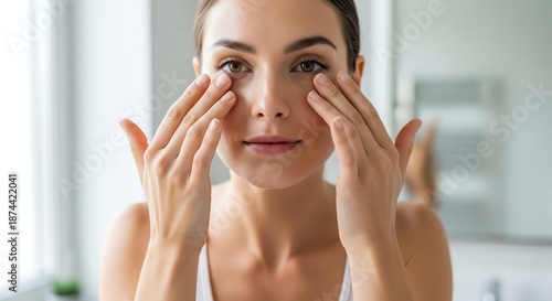 Close-up of a young woman gently applying eye cream or serum to her under-eye area in a bright bathroom, focusing on skincare and beauty routine.