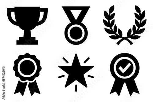 Brutalist Award Icons. Achievement awards icon set in silhouette bold style. Contain trophy cup, gold medal, laurel wreath, award ribbon, shining star, victory badge