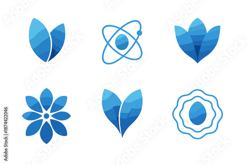 Quantum Petal Icons. Quantum petals set in isometric flat vector : split petal form, orbiting dot, wave-petal hybrid, particle bloom, entangled leaf pair, radiant ripple