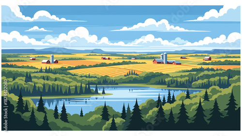 Flat vector illustration of Wisconsin landscape featuring lakes, forests, rolling farmland, and peaceful rural scenery, northern Midwest nature in solid flat colors