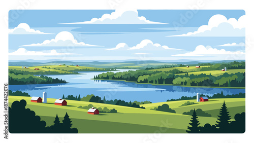 Flat vector illustration of Wisconsin landscape featuring lakes, forests, rolling farmland, and peaceful rural scenery, northern Midwest nature in solid flat colors