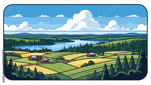 Flat vector illustration of Wisconsin landscape featuring lakes, forests, rolling farmland, and peaceful rural scenery, northern Midwest nature in solid flat colors