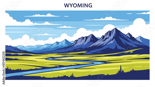 Flat vector illustration of Wyoming wilderness with open plains, dramatic mountain ranges, rivers, and vast skies, untouched western scenery in solid flat vector style