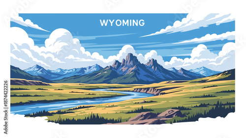 Flat vector illustration of Wyoming wilderness with open plains, dramatic mountain ranges, rivers, and vast skies, untouched western scenery in solid flat vector style