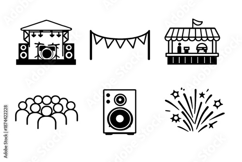 Festival Icon Set. Local eventsset in outline vector style outdoor stage, festival flags, food stall, crowd gathering, music speaker, celebration spark