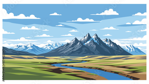 Flat vector illustration of Wyoming wilderness with open plains, dramatic mountain ranges, rivers, and vast skies, untouched western scenery in solid flat vector style