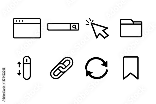 Web Browsing Icons. Web browsing basicsset in outline vector style browser window, search bar, cursor arrow, tab icon, scroll wheel, link chain, refresh symbol, bookmark tag