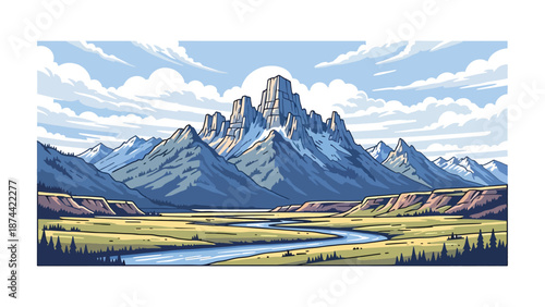 Flat vector illustration of Wyoming wilderness with open plains, dramatic mountain ranges, rivers, and vast skies, untouched western scenery in solid flat vector style