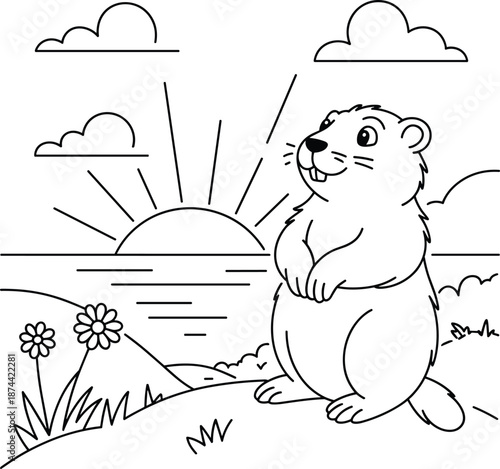 Title: A cartoon groundhog sitting in the grass with a sun in the background and flowers nearby