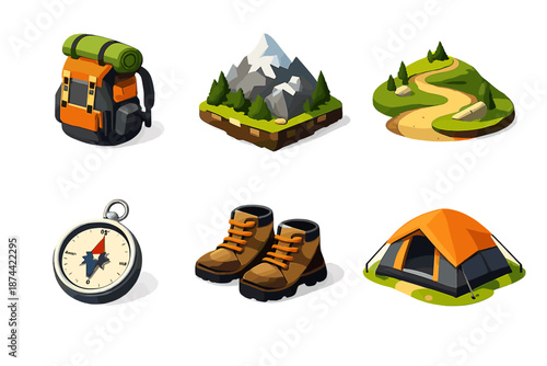 Outdoor Adventure Icons. Outdoor adventure set in isometric flat vector : backpack, mountain peak, winding trail, compass, hiking boots, camp tent