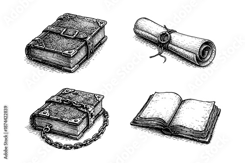 Vintage engraving books and scrolls illustration set: leather bound book, chained book, open book, rolled parchment