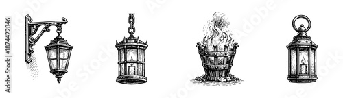 Medieval watchtowers vintage engraving set