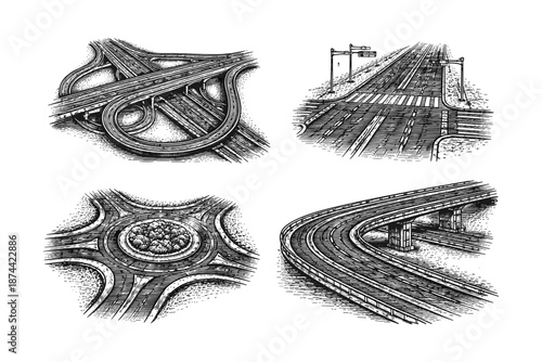 Vintage engraving roads and transport infrastructure illustration set: highway interchange, city intersection, roundabout and overpass