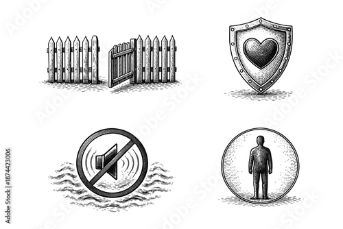 Vintage engraving healthy boundaries illustration set: open gate choice, heart shield, mute noise sign, personal protection bubble