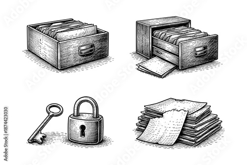 Vintage engraving records and security illustration set: file drawer, open archive drawer, key and padlock, stack of documents