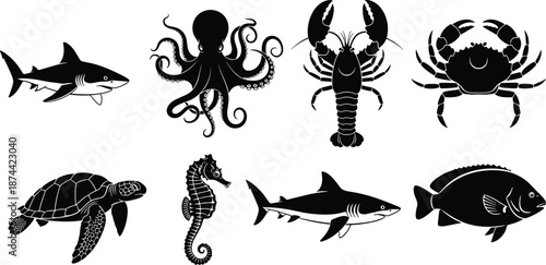 Marine animal silhouette, ocean life, black and white illustration, sea creatures, aquatic wildlife, underwater design, educational art, nature icon, biology reference