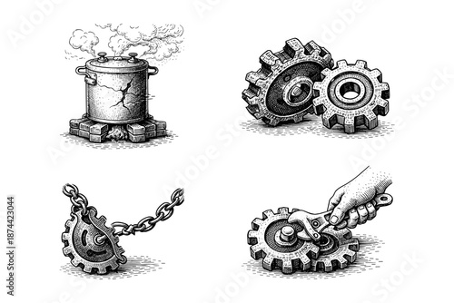 Vintage engraving repair and maintenance illustration set: cracked boiler, worn gears, broken sprocket on chain, wrench fixing mechanism