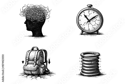 Vintage engraving stress and pressure illustration set: tangled thoughts head, cracked clock, heavy backpack, tension spring