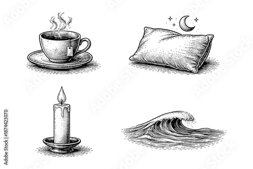 Vintage engraving calm and rest illustration set: warm tea cup, soft pillow, candle light, ocean wave
