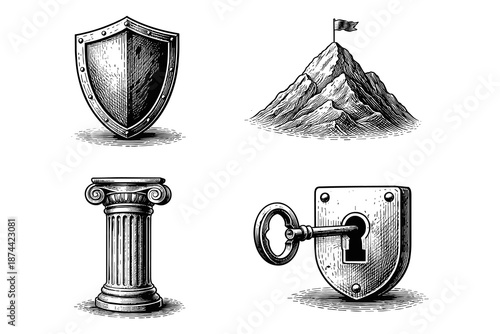 Vintage engraving values and security illustration set: strong shield, summit mountain flag, classic pillar, key in lock
