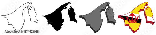 set collections brunei flag in map icon. Detailed Libya map silhouette. 3D Maps brunei symbol design template vector illustration