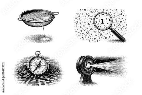 Vintage engraving metaphors of focus, filtering information and direction