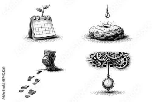 Vintage engraving metaphors of time, patience and gradual progress