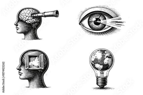 Vintage engraving metaphors of vision, perspective and expanded awareness