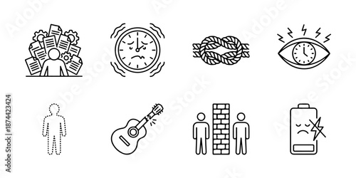 Stress burnout line icons set, overload clock knot eye