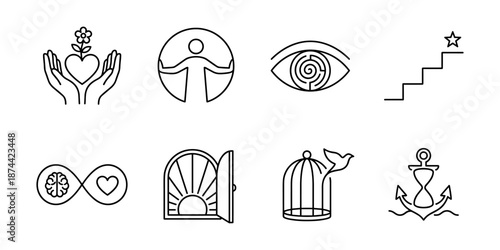 Personal growth line icons set, caring heart balance vision steps
