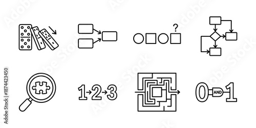 Logic problem solving line icons set, domino effect flowchart sequence