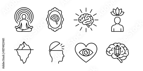 Mindfulness awareness line icons set, meditation aura reflection brain