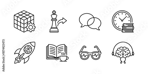 Study productivity line icons set, strategy talk time rocket