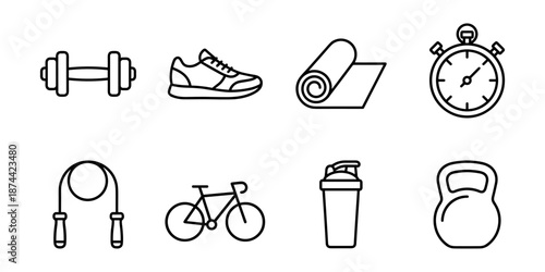 Fitness training line icons set, dumbbell shoe mat stopwatch