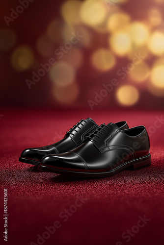Black formal shoes on red carpet with bokeh light background