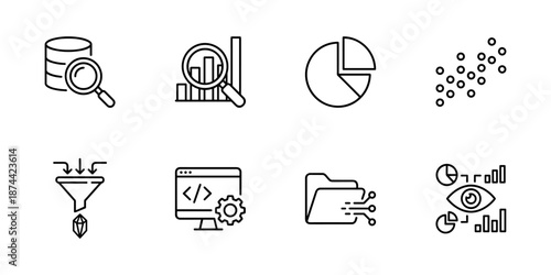 Data analytics line icons set, pie chart, scatter plot, pipeline, dashboard, insights