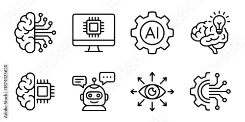 Artificial intelligence line icons set, machine learning, neural network, computer vision, chatbot assistant
