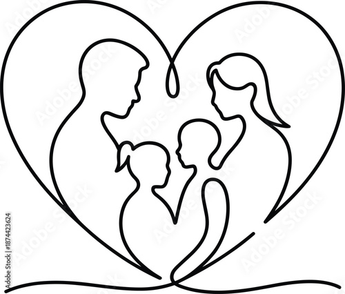 Title: A family of four silhouettes inside a heart shape with parents and two children