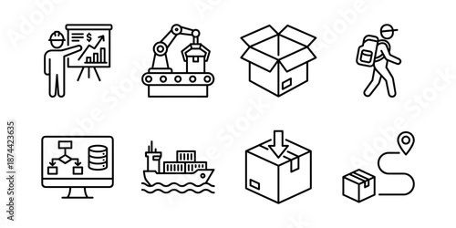Supply chain line icons set, warehouse management, industrial automation, shipping delivery, package tracking