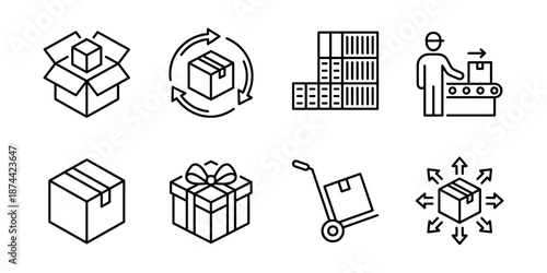 Packaging and distribution line icons set, box shipping warehouse delivery logistics